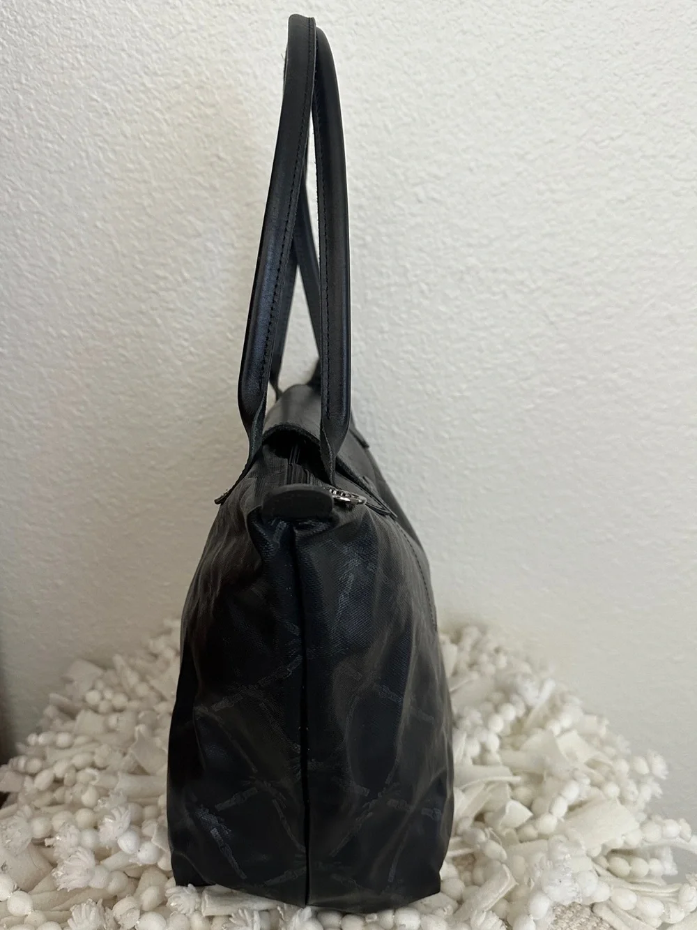 LONGCHAMP Le Pliage S Coated Canvas Horse Pattern Tote Bag Black Small - Picture 2 of 14